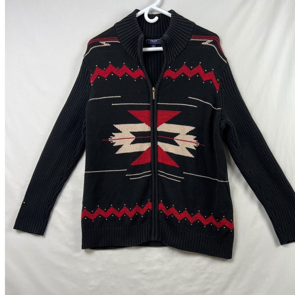 Chaps Denim Full Zip Cardigan Sweater Womens 1X Black Southwestern Ribbed